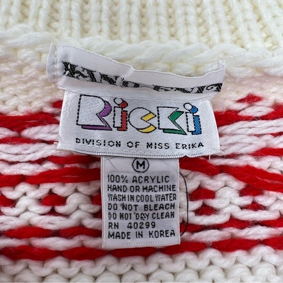 Y2K Ricki Snowflake Hand Knit Crew Neck Sweater Size M NWT Red Cream Chunky Knit - Picture 4 of 13